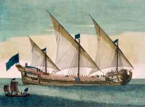 Um Galleass de três mastros a caminho de vela, remos enviados, de &39;Le Naptune François&39;, c.1693-1700 (gravura colorida à mão)